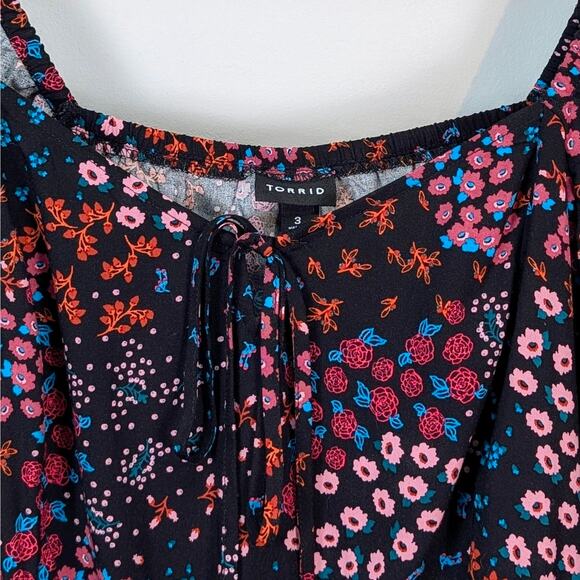 Torrid Peplum Challis Sweetheart Top, Black Floral Long Sleeve Peasant Blouse 3x - Picture 8 of 13